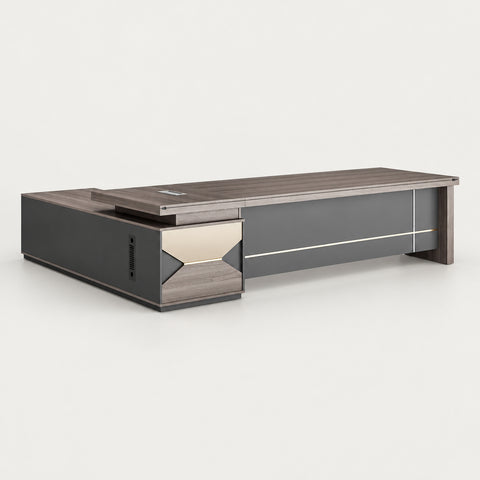 Modern Executive Desk with Side Storage & Lumbar Support for Home Office - 63" L × 63" W × 30" H (Desk) / Long Cabinet on the Right（Viewed from inside）