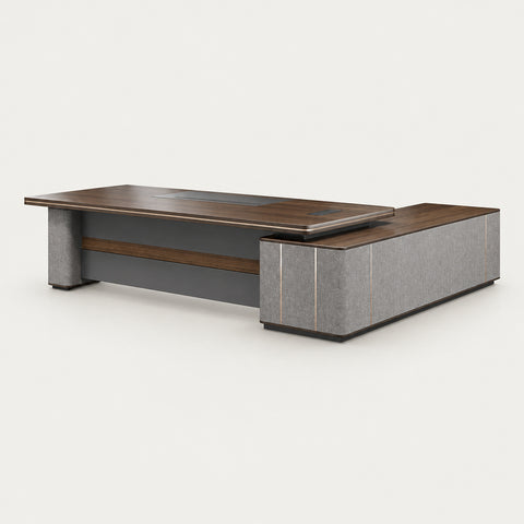 Modern Executive Desk with Curved, Cable Management & Lumbar Support for Home Office - 79" L x 63" W x 30" H (Desk) / Long Cabinet on the Left（Viewed from inside）