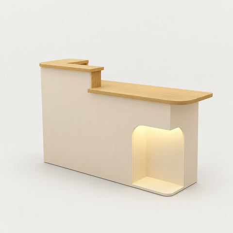 Curved Reception Desk 31-87 in Wide with Lockable & Lumbar Support for Salon - 31" L x 20" W x 41" H / Natural + Creamy / Inside View - Right Side Higher