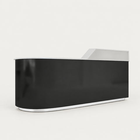 Curved Reception Desk 39-118 in Wide with Stainless Steel, LED Lighting & Lumbar Support - 118" L x 24" W x 39" H / Black Brushed