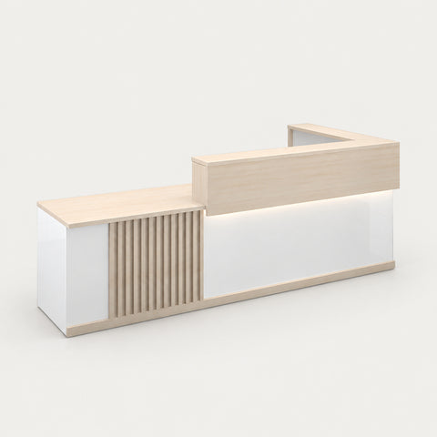 Retail Reception Desk 39-118 in Wide with Keyboard Tray, Lockable & File Drawers - 39" L x 24" W x 30" H / White + Maple / Inside View - Left Side Higher