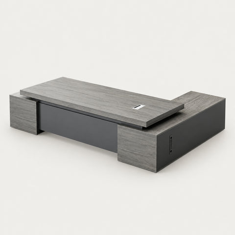 Modern Executive Desk 71-110 in Wide with Cable Management, Side Storage & Stainless Steel - 71" L x 63" W x 30" H / Desk / Side Cabinet on the Left