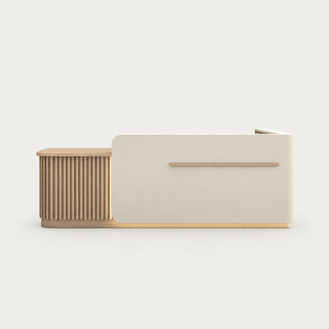 Salon Reception Desk 39-118 in Wide with Keyboard Tray, Lockable & File Drawers for Salon - 79" L x 24" W x 39" H / Off-White & Wood Tone / Left Transaction Counter