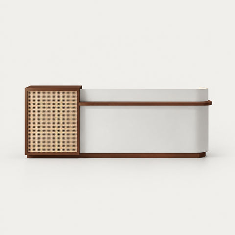 Curved Reception Desk with Rattan, File Drawers & Keyboard Tray for Retail - 79" L × 24" W × 39" H / White & Coffee / Rounded Corner on the Left