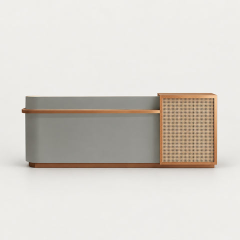 Curved Reception Desk with Rattan, File Drawers & Keyboard Tray for Retail - 71" L × 24" W × 39" H / Gray & Natural Wood / Rounded Corner on the Right