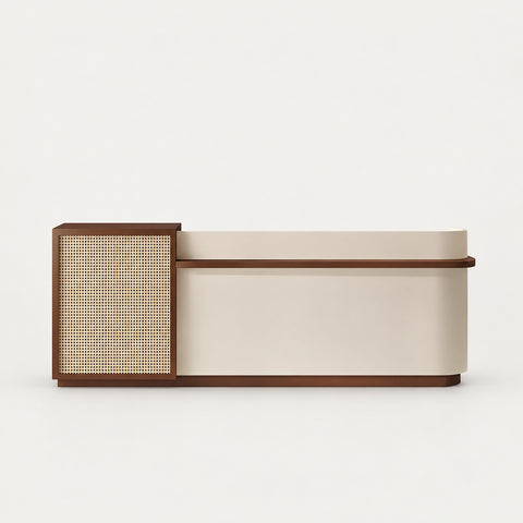 Curved Reception Desk with Rattan, File Drawers & Keyboard Tray for Retail - 71" L × 24" W × 39" H / Beige & Coffee / Rounded Corner on the Left