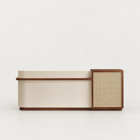 Curved Reception Desk with Rattan, File Drawers & Keyboard Tray for Retail - 71" L × 24" W × 39" H / Beige & Coffee / Rounded Corner on the Right