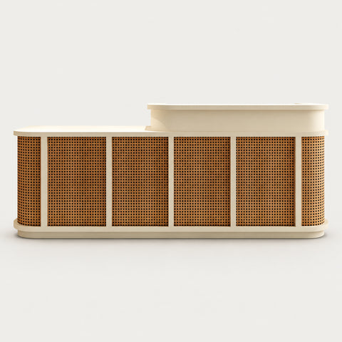 Curved Reception Desk with Keyboard Tray, Rattan & Lockable for Office Lobby - 71" L × 24" W × 39" H / Coffee Brown & Off-White / Inside View - Left Side Higher