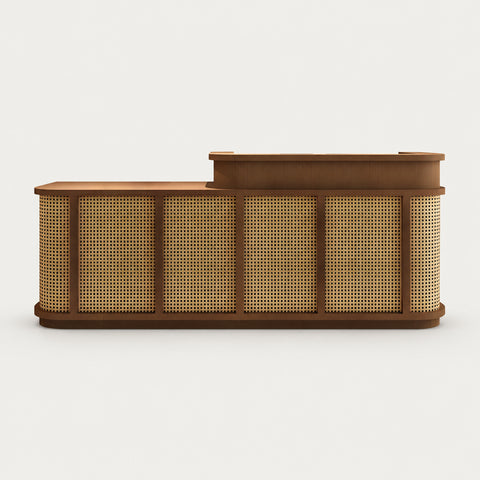 Curved Reception Desk with Keyboard Tray, Rattan & Lockable for Office Lobby - 79" L × 24" W × 39" H / Natural & Coffee Brown / Inside View - Left Side Higher