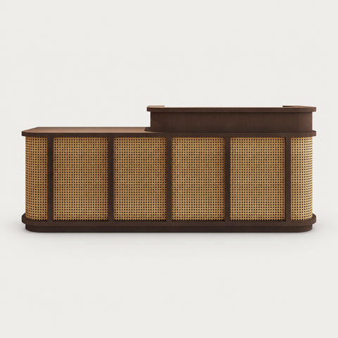 Curved Reception Desk with Keyboard Tray, Rattan & Lockable for Office Lobby - 79" L × 24" W × 39" H / Natural & Dark Coffee Brown / Inside View - Left Side Higher