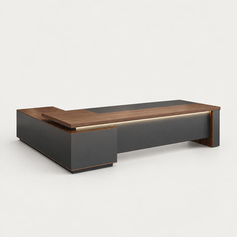 L-Shaped Executive Desk with LED Lighting, Lockable & File Drawers for Home Office - 71" L x 63" W x 30" H / Walnut + Iron Gray / Left or Right (Interchangeable)
