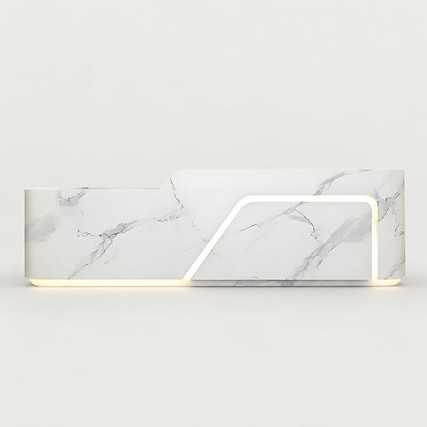 Curved Reception Desk 55-134 in Wide with Keyboard Tray, File Drawers & Lockable for Salon - 55" L x 24" W x 39" H / White Marble Pattern / Inside View - Left Side Higher