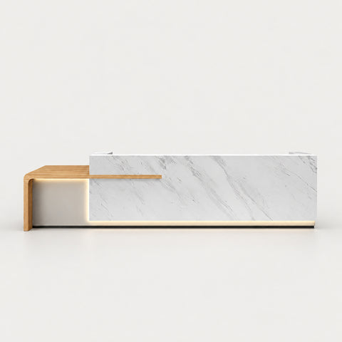 Retail Reception Desk 71-134 in Wide with Cable Management, Dual-Tone & File Drawers - 118" L x 24" W x 41" H / White Marble / Higher Left Side
