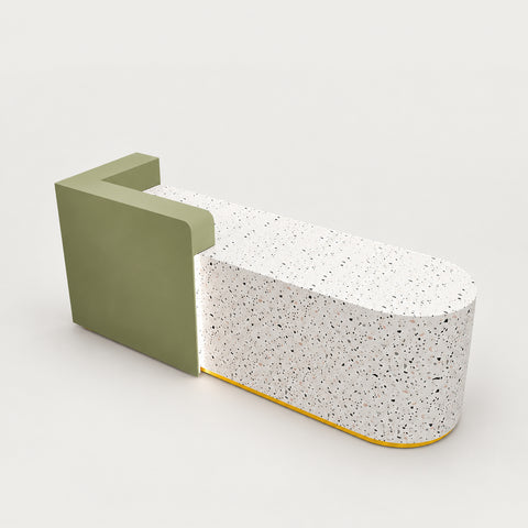 Curved Reception Desk with Dual-Tone, Keyboard Tray & File Drawers for Office Lobby - 47" L x 24" W x 39" H / Terrazzo Pattern + Green