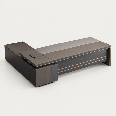 L-Shaped Executive Desk with Side Storage, Built-In Outlets & Cable Management - 94" L x 69" W x 30" H (Desk) / Walnut + Gray / Single Side Cabinet-Left or Right (Interchangeable)