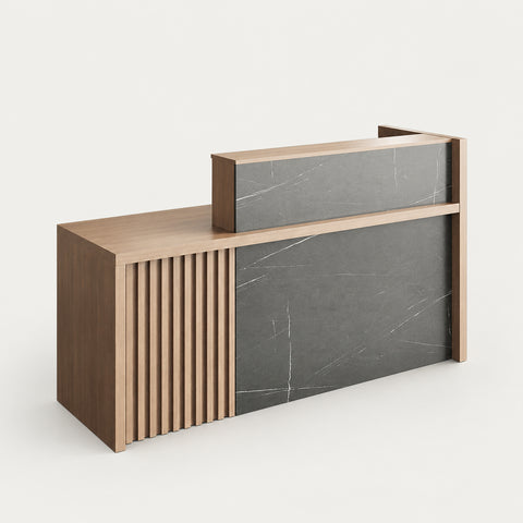 Salon Reception Desk 71-94 in Wide with Cable Management, Lockable & Lumbar Support - 71" L x 24" W x 41" H / Black Textured + Natural