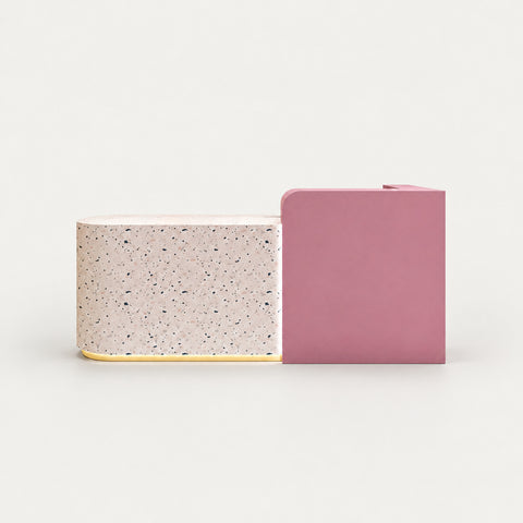 Round Reception Desk 31-79 in Wide with Dual-Tone, Keyboard Tray & File Drawers for Retail - 31" L x 24" W x 39" H / Terrazzo + Pink