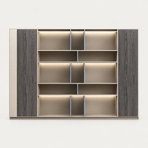 Modern Executive Desk with Cable Management, Side Storage & Lumbar Support for Home Office - 126" L x 16" W x 79" H / Khaki / File Cabinet