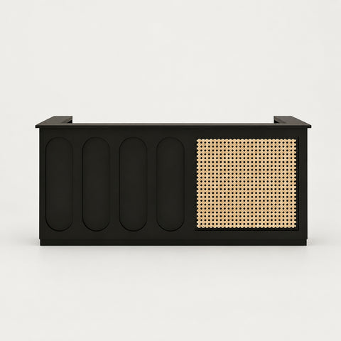 Modern Reception Desk with Rattan, File Drawers & Lockable for Office Lobby - 63" L × 24" W × 39" H / Black