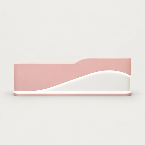 Curved Reception Desk 47-94 in Wide with Keyboard Tray, File Drawers & LED Lighting - 47" L x 24" W x 39" H / Inside View - Left Side Higher / Pink + White