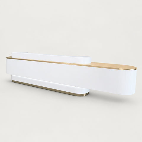 Curved Reception Desk 71-197 in Wide for Salon - 102" L x 26" W x 39" H / White + Natural Wood / Inside View - Right Side Higher