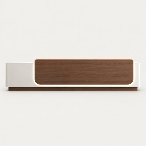 Retail Reception Desk 63-157 in Wide with File Drawers, LED Lighting & Transaction Counter - 157" L x 24" W x 39" H / White & Light Walnut / Left Raised Counter