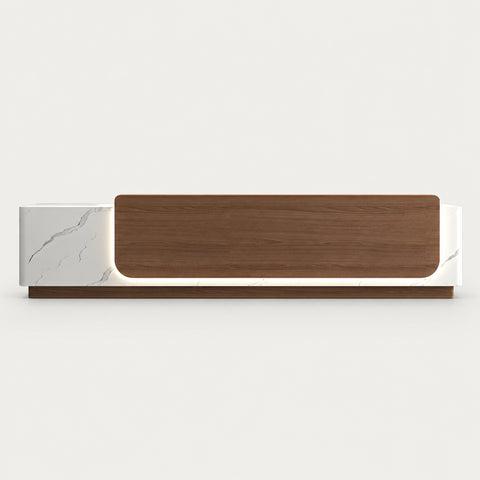 Retail Reception Desk 63-157 in Wide with File Drawers, LED Lighting & Transaction Counter - 157" L x 24" W x 39" H / White Textured & Light Walnut / Left Raised Counter