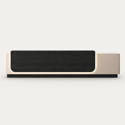 Retail Reception Desk 63-157 in Wide with File Drawers, LED Lighting & Transaction Counter - 87" L x 24" W x 39" H / Off-White & Black / Right Raised Counter
