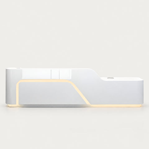 Modern Reception Desk 94-134 in Wide with LED Lighting & Lumbar Support for Office Lobby - 94" L x 24" W x 41" H / Inside View - Right Side Higher / Warm