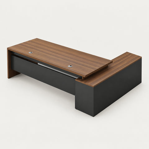 Modern Executive Desk with Cable Management, Side Storage & Privacy Panel for Home Office - 55" L x 24" W x 30" H (Desk) / Brown + Black / Side Cabinet on the Left