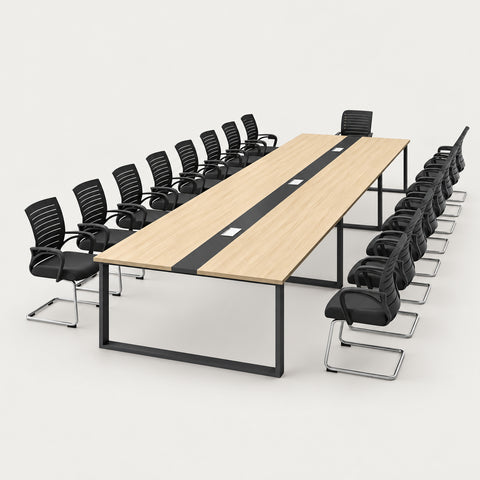 Rectangular Conference Table with Cable Management, Dual-Tone & Lumbar Support - 157"L x 51"W x 30"H / Light Wood + Black / (Conference Desk+ Chairs*10) Set