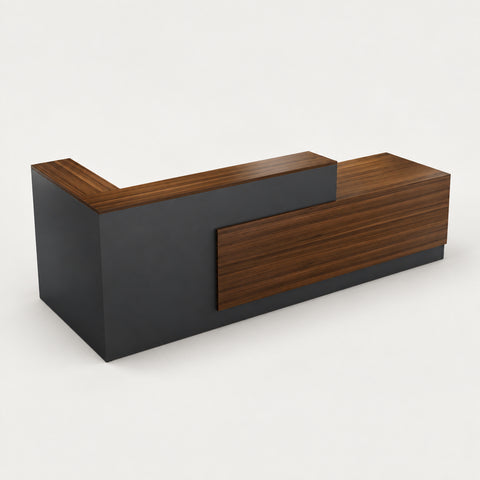 L-Shaped Reception Desk with Dual-Tone, Keyboard Tray & Lockable for Hotel Lobby - 102" L x 39" W x 41" H / Walnut + Gray / Inside View - Right Side Higher
