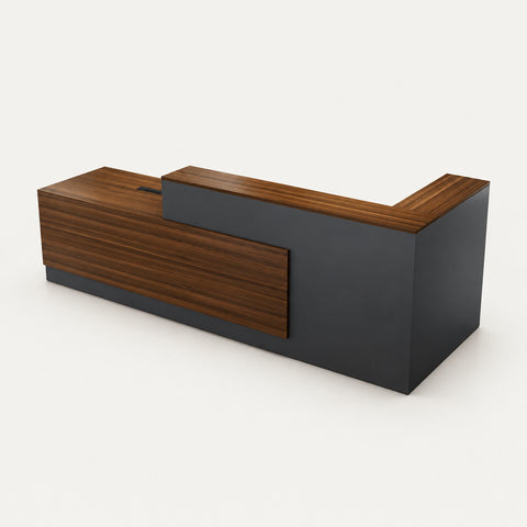 L-Shaped Reception Desk with Dual-Tone, Keyboard Tray & Lockable for Hotel Lobby - 79" L x 39" W x 41" H / Walnut + Gray / Inside View - Left Side Higher