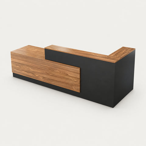 L-Shaped Reception Desk with Dual-Tone, Keyboard Tray & Lockable for Hotel Lobby - 79" L x 39" W x 41" H / Oak + Gray / Inside View - Left Side Higher