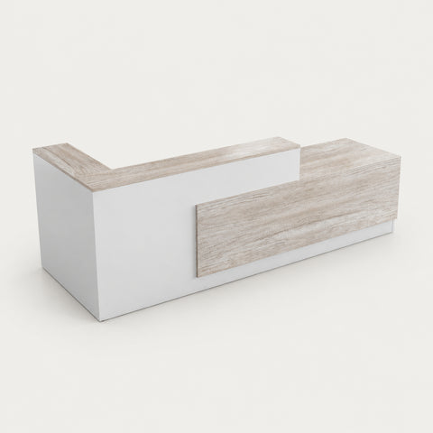 L-Shaped Reception Desk with Dual-Tone, Keyboard Tray & Lockable for Hotel Lobby - 79" L x 39" W x 41" H / Light Oak + White / Inside View - Right Side Higher