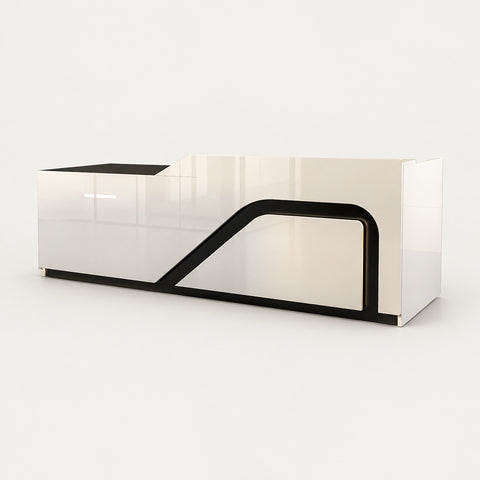 Curved Reception Desk 79-126 in Wide with LED Lighting, Lockable & Keyboard Tray - 79" L x 24" W x 39" H / White + Black / Inside View - Left Side Higher