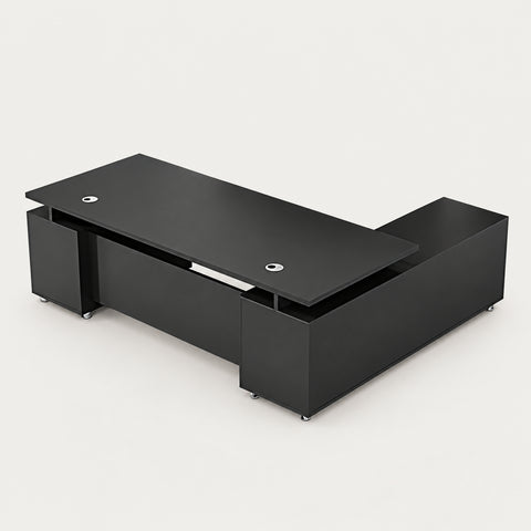 Modern Executive Desk with File Drawers, Privacy Panel & Cable Management for Home Office - 79" L × 63" W × 31" H desk (Side Cabinet on the Left+3 Drawers) / Black