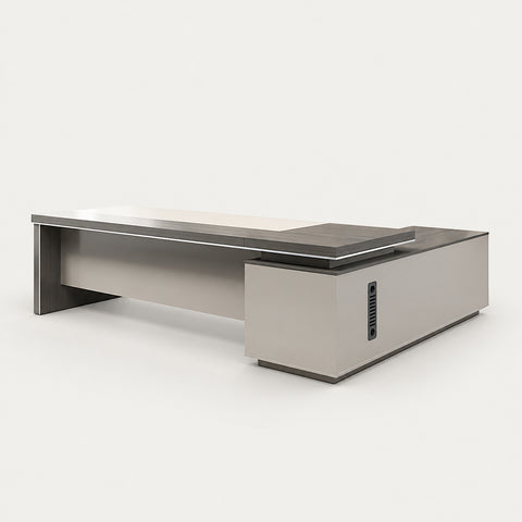 Modern Executive Desk with Solid Wood, Cable Management & Side Storage for Home Office - 102" L x 71" W x 30" H (Desk) / Side Cabinet on the Left