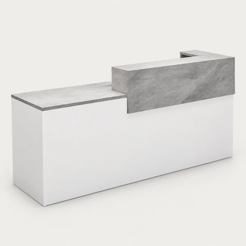 Salon Reception Desk 39-157 in Wide with Keyboard Tray, Lockable & File Drawers for Salon - 157" L x 24" W x 39" H / White + Gray Stone Pattern / Right