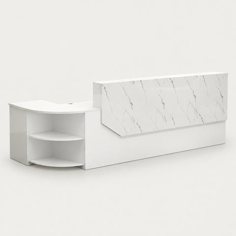 L-Shaped Reception Desk 55-126 in Wide with Dual-Tone, Keyboard Tray & Lumbar Support - 71" L x 39" W x 39" H / White Stone Pattern + White / Rounded Corner on the Right