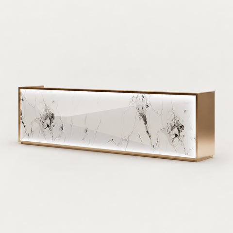 Salon Reception Desk 59-157 in Wide with Stainless Steel, File Drawers & Keyboard Tray - 79" L x 24" W x 39" H / White Marble Pattern + Rose Gold