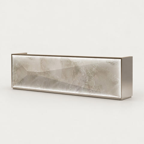 Salon Reception Desk 59-157 in Wide with Stainless Steel, File Drawers & Keyboard Tray - 71" L x 24" W x 39" H / Gray + Rose Gold