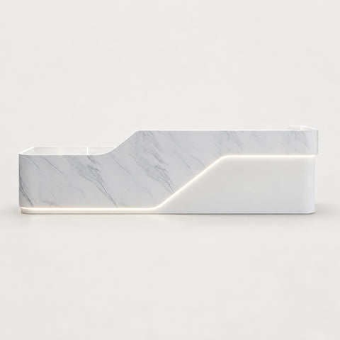L-Shaped Reception Desk 79-142 in Wide with Keyboard Tray, Lockable & File Drawers - 102" L x 24" W x 41" H / Terrazzo / Inside View - Left Side Higher