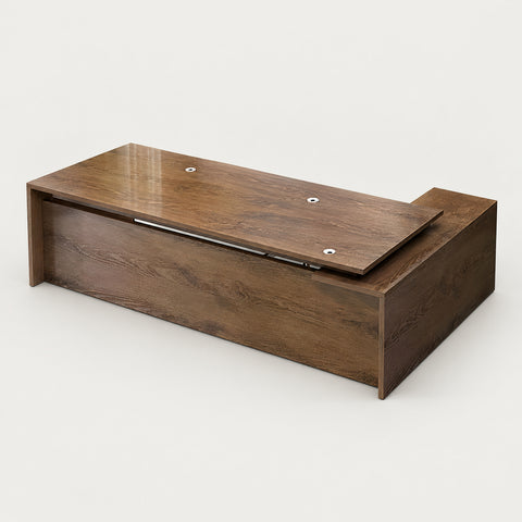 Modern Executive Desk with Solid Wood, Round & Cable Management for Home Office - 79" L x 63" W x 30" H (Tabletop 75" L x 31" W) / Oak / Side Cabinet on the Left
