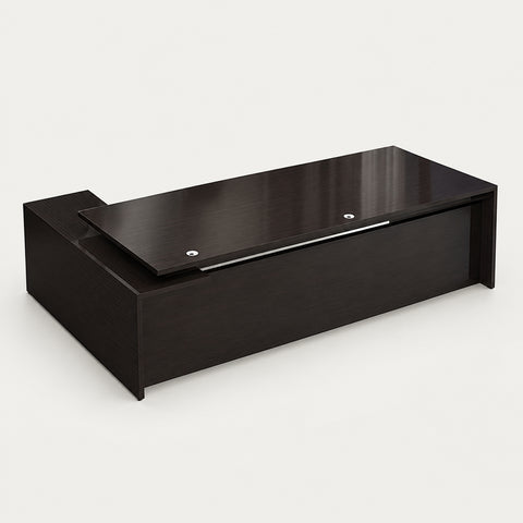 Modern Executive Desk with Solid Wood, Round & Cable Management for Home Office - 79" L x 63" W x 30" H (Tabletop 75" L x 31" W) / Black / Side Cabinet on the Right
