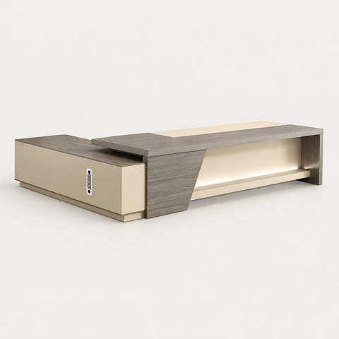 Modern Executive Desk 71-126 in Wide with Side Storage & Lockable for Home Office - 71" L x 63" W x 30" H（Desk） / Light Walnut + Khaki / Cabinet On The Right（Viewed from inside）