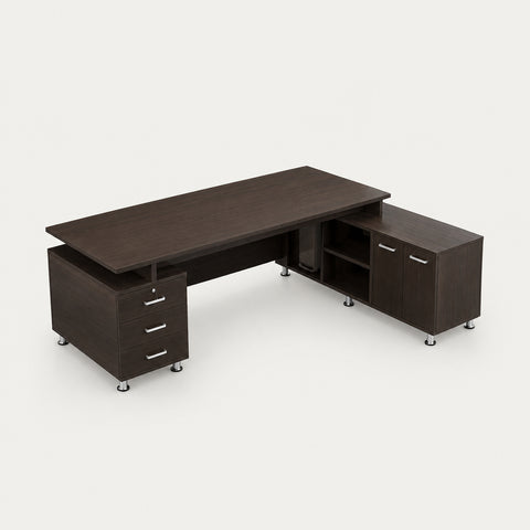 Modern Executive Desk with Side Storage & Lumbar Support for Home Office - 71" L × 55" W × 31" H / Side Cabinet on the Right / Dark Walnut