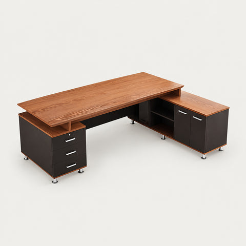 Modern Executive Desk with Side Storage & Lumbar Support for Home Office - 63" L × 47" W × 31" H / Side Cabinet on the Right / Oak + Dark Walnut