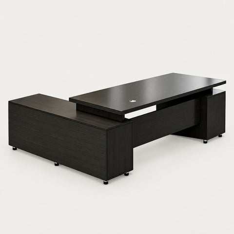 Modern Executive Desk with Round, Cable Management & Side Storage for Home Office - 87" L x 55" W x 30" H / Black Walnut / Side Cabinet on the Right