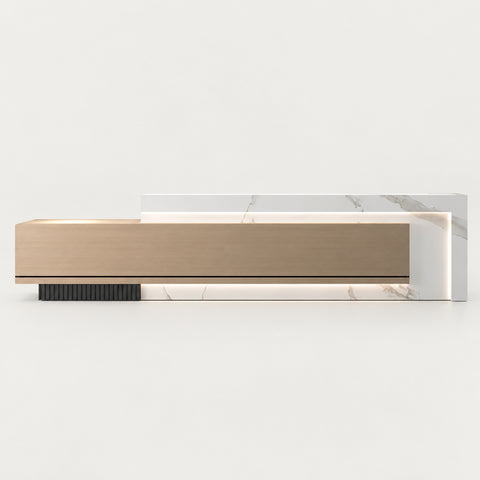 Salon Reception Desk 47-142 in Wide with Lockable, File Drawers & Transaction Counter - 142" L x 24" W x 39" H / White Textured + Natural
